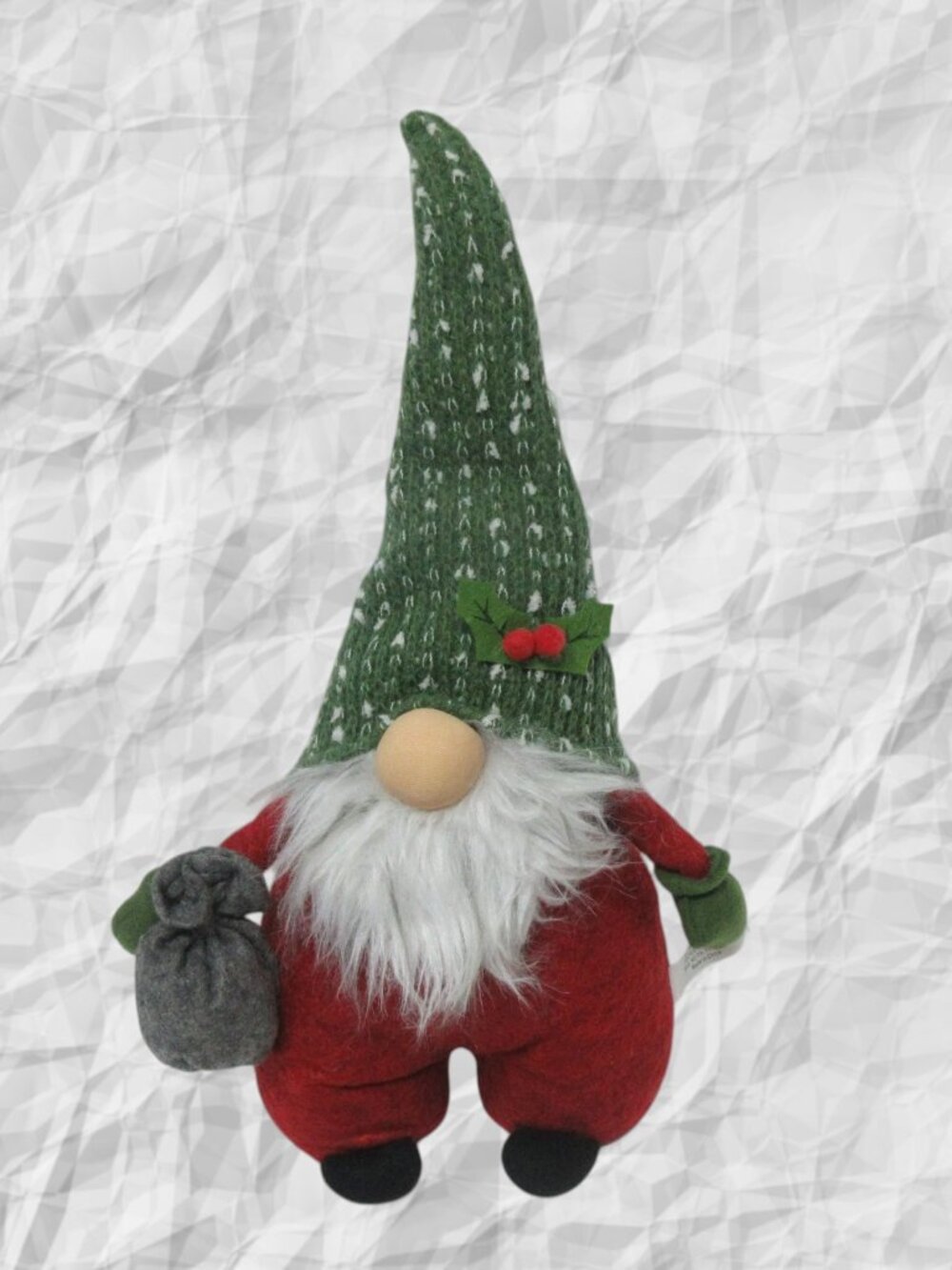 Christmas Gnome Plush with Green Hat and Red Outfit Gray Bag 14 inches